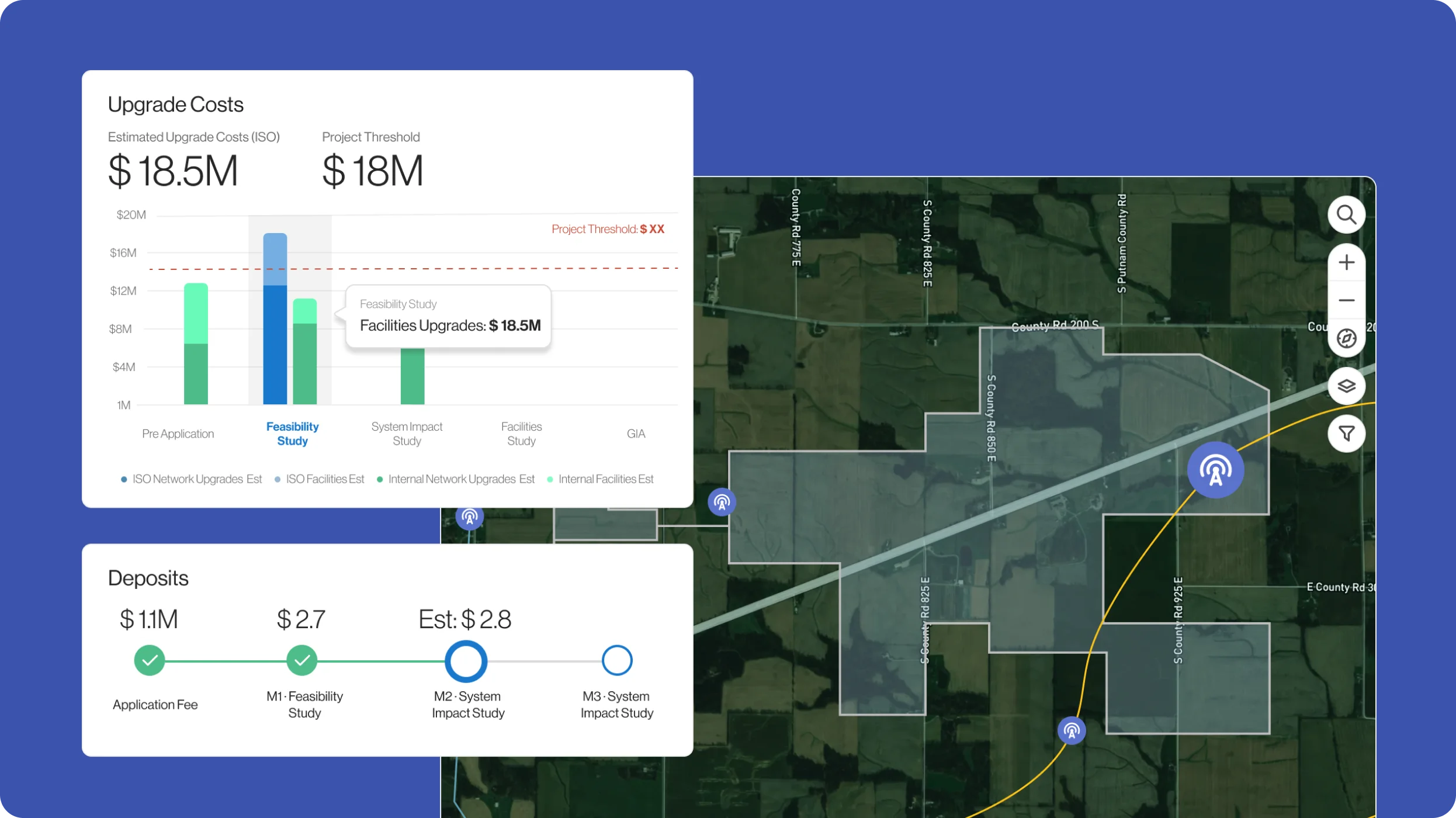 Interconnection module showing upgrade costs by study phase, deposits, and a project map