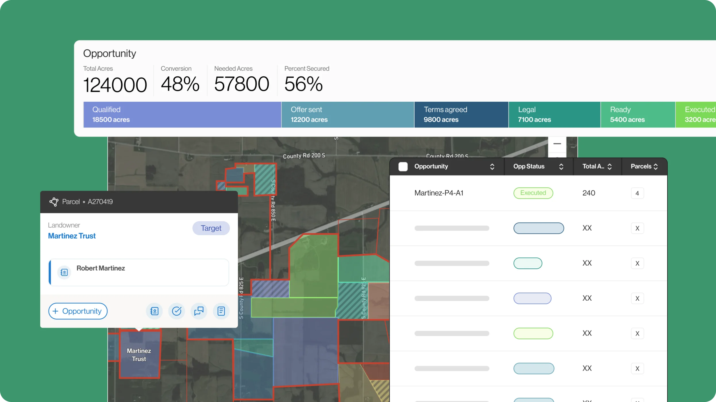 Land module showing opportunity acreage, a parcel map, and landowner records