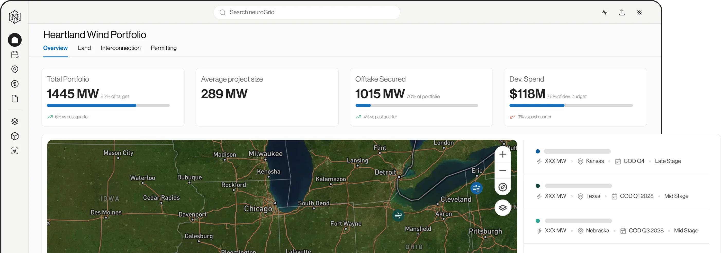 neuroGrid Heartland Wind Portfolio dashboard with portfolio metrics and a project map
